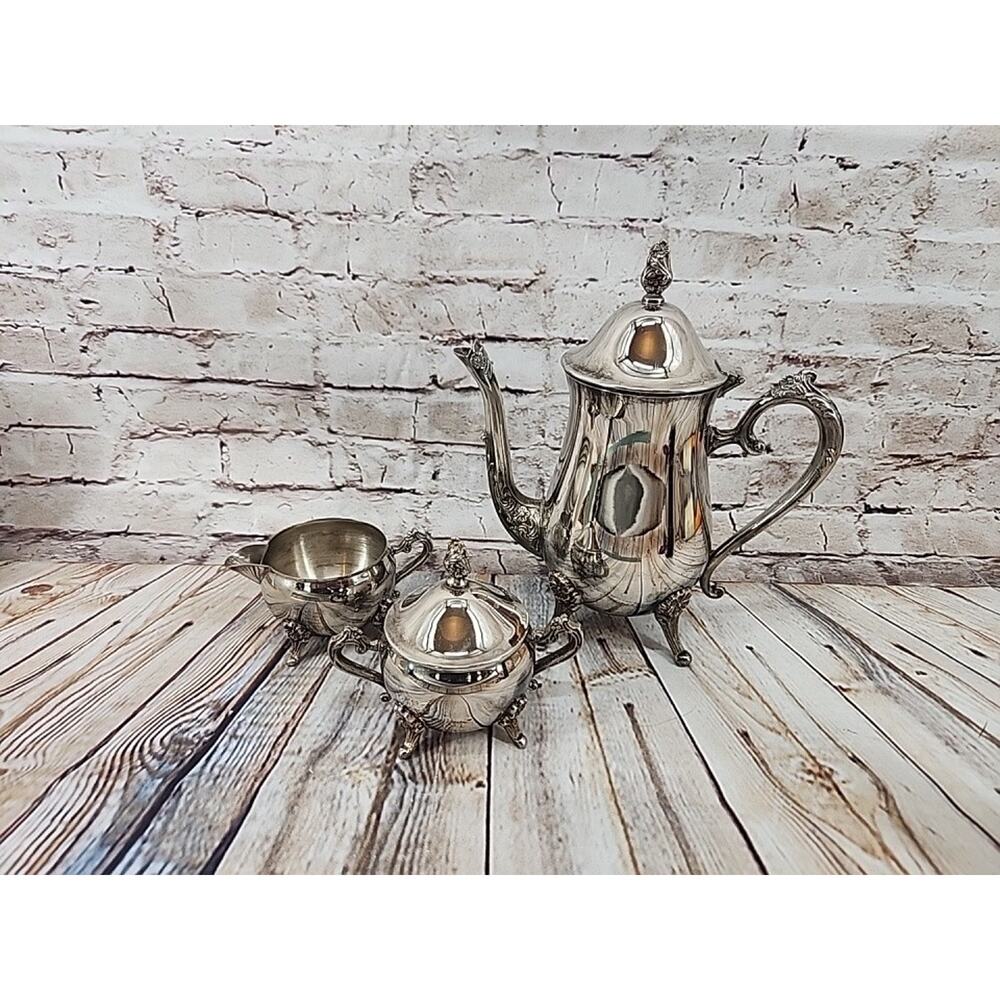 Vintage Silver-Plated Footed Victorian Teapot Creamer & Sugar Bowl Set W Patina